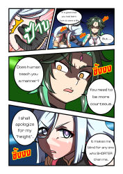 Rule 34 | 1boy, 1girl, absurdres, arm tattoo, atawatsho, bead necklace, beads, black gloves, comic, commentary, english commentary, english text, engrish commentary, engrish text, facial mark, forehead, forehead mark, genshin impact, gloves, green hair, grey eyes, grey hair, hair ornament, hair over one eye, highres, insult, jewelry, long hair, multicolored hair, necklace, parted bangs, prayer beads, ranguage, shaded face, shenhe (genshin impact), sidelocks, slap mark, streaked hair, tattoo, two-tone hair, v-shaped eyebrows, xiao (genshin impact), yellow eyes