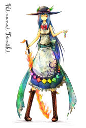 Rule 34 | 1girl, bad id, bad pixiv id, blue hair, bow, character name, cross-laced footwear, female focus, food, frills, fruit, hat, hinanawi tenshi, leaf, long hair, long skirt, one eye closed, open mouth, peach, red eyes, simple background, skirt, sleeveless, solo, taku-012, touhou, very long hair, wink