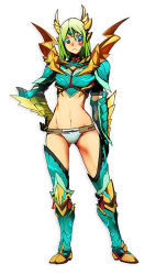 Rule 34 | 1girl, armor, bad id, bad pixiv id, blue eyes, boots, contrapposto, djheycha, dragon horns, facial mark, full body, gauntlets, green hair, hand on own hip, heart, horns, monster hunter, monster hunter (series), monster hunter portable 3rd, monster hunter xx, navel, panties, scales, short hair, shoulder spikes, simple background, solo, spikes, standing, thighhighs, underwear, white background, white panties, zinogre, zinogre (armor)
