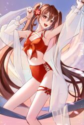 Rule 34 | 1girl, absurdres, bikini, brown hair, cleavage cutout, clothing cutout, flower-shaped pupils, genshin impact, hair between eyes, highres, hu tao (genshin impact), long hair, midriff, open mouth, pponnya, red bikini, red eyes, smile, solo, stomach, swimsuit, symbol-shaped pupils, twintails