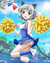 Rule 34 | artist request, blue legwear, breasts, fence, grey hair, holding, holding pom poms, looking at viewer, official art, open mouth, panties, pom pom (cheerleading), pom poms, sanya v. litvyak, short hair, solo, strike witches, striped, tree, underwear, world witches series