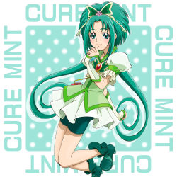 Rule 34 | 00s, 1girl, akimoto komachi, bike shorts, boo (takagi), brooch, butterfly hair ornament, character name, cure mint, full body, green eyes, green footwear, green hair, green shorts, green theme, hair ornament, highres, jewelry, long hair, looking at viewer, magical girl, precure, puffy sleeves, shoes, shorts, shorts under skirt, skirt, smile, solo, twintails, white skirt, wrist cuffs, yes! precure 5, yes! precure 5 gogo!