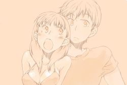 Rule 34 | 1boy, 1girl, :d, beige background, blush, breasts, cleavage, expressionless, looking at viewer, looking up, morihito, open mouth, original, shirt, short sleeves, simple background, smile, t-shirt, upper body