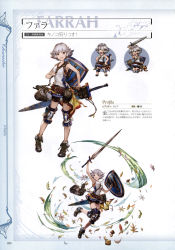 Rule 34 | 10s, 1girl, absurdres, bag, belt, character name, chibi, collarbone, dress, closed eyes, farrah (granblue fantasy), full body, granblue fantasy, grey eyes, hand on own hip, highres, holding, holding weapon, jewelry, knee pads, leaf, looking at viewer, minaba hideo, multiple views, necklace, non-web source, official art, open mouth, scan, shield, shoes, short dress, short hair, shorts, simple background, sleeveless, smile, standing, weapon, white hair, wind
