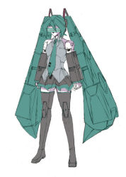 Rule 34 | armor, arms at sides, black footwear, black skirt, boots, collared shirt, detached sleeves, full body, grey shirt, hair ornament, hatsune miku, head-mounted display, helmet, legs apart, long hair, machinery, mecha, mechanization, miniskirt, miyane aki (radical dash), necktie, no humans, pleated skirt, robot, shirt, simple background, skirt, solo, standing, thigh boots, thighhighs, twintails, very long hair, virtual on, vocaloid, weapon, white background