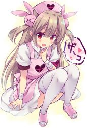 Rule 34 | 1girl, apron, bandaged arm, bandages, blush, brown hair, finger to mouth, hat, heart, long hair, looking at viewer, natori sana, nurse, nurse cap, open mouth, pink apron, red eyes, sana channel, sasorigatame, sitting, smile, solo, speech bubble, thighhighs, twintails, two side up, virtual youtuber, white thighhighs