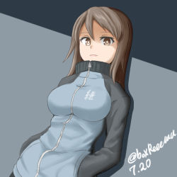 Rule 34 | 10s, 1girl, blue jacket, brown eyes, brown hair, commentary, dated, dutch angle, emblem, girls und panzer, hako reeema, jacket, keizoku military uniform, light smile, long hair, long sleeves, looking at viewer, mika (girls und panzer), military, military uniform, no headwear, one-hour drawing challenge, open mouth, raglan sleeves, shadow, smile, solo, standing, track jacket, twitter username, uniform, upper body, zipper