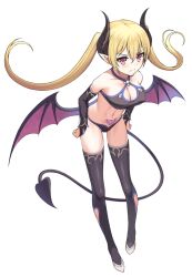 Rule 34 | 1girl, black thighhighs, blonde hair, blush, breasts, cleavage, closed mouth, collarbone, commentary request, demon girl, fagi (kakikaki), floating hair, full body, hair between eyes, horns, long hair, low wings, original, pink eyes, pubic tattoo, shoes, simple background, solo, tail, tattoo, thighhighs, twintails, wings