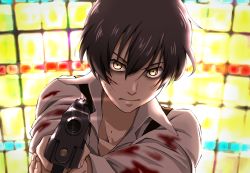 Rule 34 | 10s, 1boy, 91 days, aiming, aiming at viewer, avilio bruno, black hair, blood, blood on clothes, blood on face, glint, gun, handgun, holding, holding gun, holding weapon, light frown, looking at viewer, male focus, shelty, short hair, solo, stained glass, upper body, weapon, yellow eyes