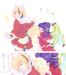 Rule 34 | 2girls, animal ears, blonde hair, blush, brown hair, dragon wings, closed eyes, fingerless gloves, fire emblem, fire emblem: the sacred stones, fire emblem fates, fire emblem heroes, fox ears, fox tail, from side, fur trim, gloves, grin, hair ornament, japanese clothes, looking back, multi-tied hair, multicolored hair, multiple girls, myrrh (fire emblem), nintendo, purple hair, qumaoto, selkie (fire emblem), short hair, smile, streaked hair, tail, twintails, white gloves, wings, yellow eyes