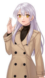 Rule 34 | :d, absurdres, alternate costume, black sweater, casual, coat, commission, contemporary, fire emblem, fire emblem: radiant dawn, grey hair, half updo, hand up, hazuki (nyorosuke), highres, lapels, long hair, long sleeves, looking at viewer, micaiah (fire emblem), nintendo, open mouth, simple background, skeb commission, smile, sweater, turtleneck, turtleneck sweater, white background, yellow eyes