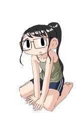 Rule 34 | 1girl, absurdres, bare shoulders, barefoot, between legs, black eyes, black hair, blue shorts, camisole, collarbone, full body, glasses, green camisole, hand between legs, high ponytail, highres, long hair, looking at viewer, mo ma shima, open mouth, original, rectangular eyewear, shorts, sidelocks, simple background, sitting, sketch, solo, wariza, white background