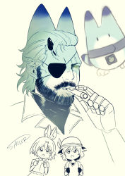 Rule 34 | 10s, 1boy, 2girls, :o, animal ears, artist name, backpack, bag, beard, bow, bowtie, bucket hat, cigar, commentary request, elbow gloves, eyepatch, facial hair, gloves, glowing, glowing eye, green eyes, hat, hat feather, highres, horns, kaban (kemono friends), kemono friends, lucky beast (kemono friends), male focus, mechanical arms, metal gear (series), metal gear solid, metal gear solid v: the phantom pain, monochrome, multiple girls, name connection, personification, sailor (artist), scar, serval (kemono friends), shirt, short hair, signature, single horn, single mechanical arm, sleeveless, sleeveless shirt, smoking, stitches, venom snake, wavy hair, white background