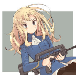 Rule 34 | 1girl, assault rifle, black pantyhose, blonde hair, blush stickers, bullpup, commentary, famas, gun, holding, holding gun, holding weapon, long hair, pantyhose, perrine h. clostermann, rifle, simple background, solo, strike witches, suo (sndrta2n), upper body, weapon, world witches series