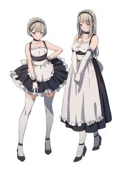 Rule 34 | 2girls, ankle strap, apron, bare shoulders, blush, breasts, choker, cleavage, closed mouth, covered erect nipples, doushimasho, dress, flat chest, green eyes, grey hair, high heels, large breasts, legs, long hair, maid, maid apron, maid cap, maid headdress, medium breasts, mole, mole under eye, multiple girls, original, shoes, short hair, skirt, smile, standing, thighhighs, white legwear