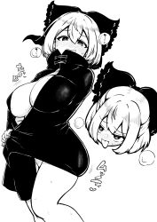 Rule 34 | 1girl, absurdres, blush, bottomless, bow, breasts, cleavage, curvy, disembodied head, exhibitionism, hair bow, heart, heart-shaped pupils, high contrast, highres, himajin noizu, large breasts, looking at viewer, monochrome, multiple heads, open mouth, public indecency, red bow, sekibanki, simple background, solo, sweat, symbol-shaped pupils, tongue, touhou
