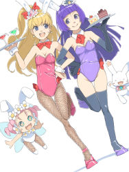 Rule 34 | 2girls, :&gt;, :d, akinbo (hyouka fuyou), animal ears, asahina mirai, bad id, bad pixiv id, blonde hair, blue eyes, blue gloves, blue hair, blue thighhighs, breasts, cake, cleavage, cocktail glass, cup, cure magical, cure miracle, detached collar, drinking glass, earrings, elbow gloves, fake animal ears, fishnet pantyhose, fishnets, food, gloves, ha-chan (mahou girls precure!), hand on own hip, hime cut, izayoi liko, jewelry, leotard, long hair, looking at another, mahou girls precure!, multiple girls, open mouth, pantyhose, playboy bunny, precure, rabbit ears, side ponytail, small breasts, smile, teeth, thigh gap, thighhighs, wrist cuffs