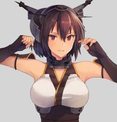 Rule 34 | 1girl, alternate hair length, alternate hairstyle, arms up, black gloves, black hair, breasts, commentary, elbow gloves, fingerless gloves, gloves, grey background, kantai collection, kasumi (skchkko), large breasts, nagato (kancolle), parted lips, red eyes, short hair, simple background, sleeveless, solo, upper body