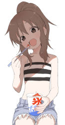 Rule 34 | 1girl, :d, absurdres, blue shorts, brown eyes, brown hair, collarbone, commentary request, crop top, cup, cutoffs, denim, denim shorts, disposable cup, drinking straw, eating, eyebrows hidden by hair, food, hair between eyes, head tilt, high ponytail, highres, holding, holding cup, holding drinking straw, holding spoon, karakai jouzu no takagi-san, long hair, looking at viewer, navel, open mouth, ponytail, shaved ice, short shorts, shorts, sidelocks, simple background, sitting, smile, solo, spaghetti strap, spoon, striped, takagawa sumire, white background, yamamoto souichirou