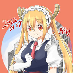 Rule 34 | 1girl, artist name, blonde hair, blue dress, building, closed mouth, collared shirt, commentary, dated, dragon girl, dragon horns, dress, frilled sleeves, frills, gloves, horns, kobayashi-san chi no maidragon, long hair, looking at viewer, maid, maid headdress, necktie, pinafore dress, red eyes, red necktie, shirt, sidelocks, signature, sleeveless dress, slit pupils, smile, solo, tohru (maidragon), twintails, upper body, white gloves, white shirt, wing collar, yuuki sonisuke