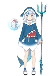 Rule 34 | 1girl, animal hood, bloop (gawr gura), blue eyes, bubble, fins, fish tail, full body, gawr gura, gawr gura (1st costume), holding, hololive, hololive english, hood, hoodie, knees, looking at viewer, official art, polearm, second-party source, shark, shark tail, shoes, simple background, tail, trident, virtual youtuber, weapon, white background