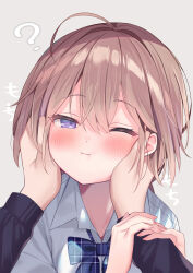 Rule 34 | 1boy, 1girl, ;i, ?, blue bow, blush, bow, brown hair, closed mouth, collared shirt, commentary request, ebihara beniko, grey background, hair between eyes, half-closed eye, hands on another&#039;s face, highres, long sleeves, looking at viewer, original, plaid, plaid bow, purple eyes, school uniform, shirt, simple background, solo focus, upper body, white shirt