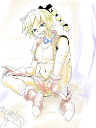 Rule 34 | 1girl, bandages, blonde hair, blue eyes, breasts, chrono cross, crop top, facial mark, gloves, high ponytail, highres, jewelry, kid (chrono cross), long hair, looking at viewer, midriff, multi-tied hair, navel, necklace, ponytail, skirt, smile, solo, vest