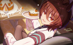 Rule 34 | 1girl, agnes tachyon (umamusume), ahoge, animal ears, artist name, black pantyhose, blurry, blurry background, brown hair, cake, carrot cake, commentary request, crossed legs, dated, food, hair between eyes, happy birthday, holding, holding plate, holding utensil, horse ears, horse girl, kuzumochi (kuzumochiya), looking at viewer, open mouth, pantyhose, plate, short hair, sitting, sleeves past fingers, sleeves past wrists, smile, solo, sparkle, umamusume