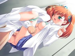 Rule 34 | 1boy, 1girl, ass, bra, breasts, censored, clothes lift, green eyes, hair ribbon, hetero, large breasts, nipples, one eye closed, open clothes, open mouth, open shirt, orange hair, penis, ribbon, sex, shirt, skirt, skirt lift, tanuki gakuen, twintails, underwear, vaginal, wink