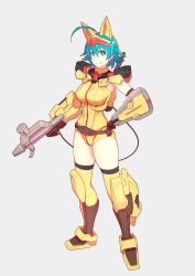 Rule 34 | 10s, 1girl, ahoge, animal ears, armor, black thighhighs, blue eyes, blue hair, boots, breasts, brown gloves, closed mouth, copyright request, full body, gauntlets, gloves, grey background, gun, gundam, gundam build divers, hair between eyes, hand on own hip, highres, holding, holding gun, holding weapon, large breasts, leotard, looking at viewer, nami (gundam build divers), nanase nanami (gundam build divers), short hair, simple background, smile, solo, thighhighs, weapon, yuuji (and)