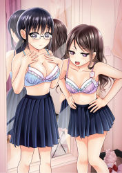 Rule 34 | 2girls, armpit peek, black hair, blue bra, blue eyes, blue skirt, blush, bow, bowtie, unworn bowtie, bra, unworn bra, breast envy, breasts, brown hair, cleavage, collarbone, commentary request, expressionless, feet out of frame, fingernails, fitting room, glasses, hands on own hips, hands on own chest, highres, indoors, large breasts, leaning forward, long hair, looking at another, looking at viewer, low twintails, mirror, momoko amatsuka, multiple girls, open mouth, original, plaid, plaid bra, pleated skirt, price tag, purple bra, purple eyes, reflection, rimless eyewear, unworn shirt, short hair, sidelocks, skirt, small breasts, standing, sweatdrop, teeth, twintails, underwear, upper teeth only