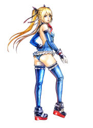 Rule 34 | 1girl, ass, backless leotard, blonde hair, blue eyes, blue leotard, blue one-piece swimsuit, boots, bow, bowtie, breasts, dead or alive, elbow gloves, female focus, fer yoshimiya, frills, full body, gloves, hair ribbon, highres, leotard, long hair, looking at viewer, marie rose, one-piece swimsuit, ribbon, simple background, small breasts, smile, solo, standing, swimsuit, tecmo, thigh boots, thighhighs, twintails, white background