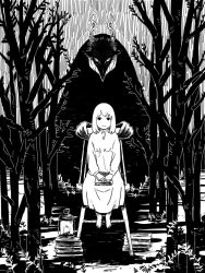 Rule 34 | 1girl, 1other, barefoot, black eyes, book, book stack, candle, chair, greyscale, horns, looking at viewer, maholand, monochrome, outdoors, sensei (totsukuni no shoujo), shiva (totsukuni no shoujo), sitting, totsukuni no shoujo, tree, white eyes, white hair