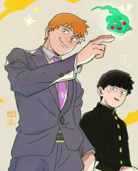 Rule 34 | 2boys, artist name, black eyes, black hair, blonde hair, bowl cut, buttoned cuffs, buttons, collared shirt, commentary, ekubo (mob psycho 100), english commentary, formal, gakuran, gatoiberico, grey background, grey jacket, grey pants, grey suit, hand in pocket, hand up, highres, jacket, kageyama shigeo, long sleeves, looking at viewer, male focus, mob psycho 100, multiple boys, necktie, own hands together, pants, purple necktie, reigen arataka, school uniform, shirt, short hair, simple background, smile, spirit, suit