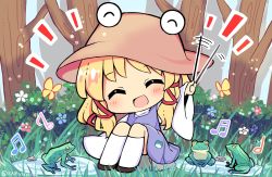 Rule 34 | 1girl, animal print, conductor baton, beamed sixteenth notes, black hair, blonde hair, blush, brown hair, bug, butterfly, chibi, commentary, eighth note, closed eyes, flower, forest, frog, frog print, hand up, hat, highres, holding, bug, knees up, long sleeves, medium hair, moriya suwako, musical note, nature, open mouth, outdoors, purple skirt, purple vest, ramudia (lamyun), shirt, shoes, sitting, skirt, smile, socks, touhou, tree, twitter username, vest, white legwear, white shirt, wide sleeves
