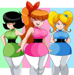Rule 34 | 3girls, absurdres, aged up, angry, arms behind back, black hair, blonde hair, blossom (ppg), blue dress, blue eyes, breasts, bubbles (ppg), buttercup (ppg), cartoon network, dress, earrings, embarrassed, green dress, green eyes, hair bobbles, hair ornament, hair ribbon, hands on own hips, highres, jewelry, large breasts, long hair, looking at viewer, looking to the side, multicolored background, multiple girls, open mouth, orange hair, pantyhose, parted lips, pink dress, pink eyes, ponytail, powerpuff girls, red ribbon, ribbon, short hair, siblings, sisters, sleeveless, sleeveless dress, smile, sonson-sensei, standing, teeth, thighhighs, twintails, white pantyhose, wide hips