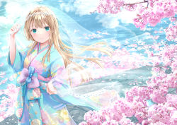 Rule 34 | 1girl, akasaka asa, aqua eyes, blonde hair, cherry blossoms, closed mouth, commentary, english commentary, floral print, forehead, green eyes, hair between eyes, hand up, highres, holding, japanese clothes, kimono, long hair, long sleeves, looking at viewer, original, outdoors, petals, see-through, shadow, sky, smile, solo, veil, wide sleeves