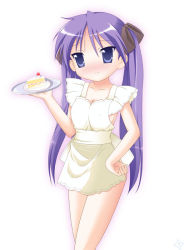 Rule 34 | 00s, 1girl, apron, blue eyes, blue hair, blush, breasts, cake, cleavage, collarbone, embarrassed, food, gradient background, hair ribbon, hand on own hip, hiiragi kagami, hip focus, long hair, lucky star, matching hair/eyes, naked apron, pastry, purple eyes, purple hair, ribbon, rodori gesu, simple background, small breasts, solo, tsurime, twintails