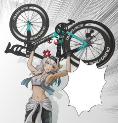Rule 34 | 1girl, absurdres, anger vein, armpits, arms up, bicycle, black hairband, black pants, breasts, commentary, cowboy shot, crop top, emphasis lines, firefly (honkai: star rail), grey background, grey hair, hairband, highres, honkai: star rail, honkai (series), jazzer edwin, leggings, long hair, medium breasts, midriff, navel, open mouth, pants, purple eyes, solo, sports bra, standing, stomach, very long hair
