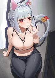 Rule 34 | 1girl, absurdres, animal ears, arm support, bell, black leggings, blush, breasts, cat ears, cat girl, cat tail, cleavage, closed mouth, commentary, commission, crossed legs, eyelashes, grey hair, hantata, highres, holding, large breasts, leggings, lip piercing, looking at viewer, mascara wand, navel, o-ring, original, piercing, red eyes, sitting, solo, symbol-only commentary, tail, tail bell, tail ornament