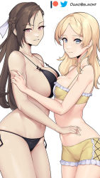 Rule 34 | 2girls, alternate costume, alternate hairstyle, asymmetrical docking, bare arms, bare shoulders, bikini, bikini shorts, black bikini, blonde hair, blue eyes, braid, breast press, breasts, brown hair, cleavage, commentary, cowboy shot, crown braid, damobelmont, english commentary, fire emblem, fire emblem awakening, fire emblem fates, grin, hair down, highres, kagero (fire emblem), large breasts, lissa (fire emblem), long hair, looking at viewer, medium breasts, multiple girls, navel, nintendo, parted lips, purple eyes, short shorts, shorts, side-tie bikini bottom, simple background, smile, standing, stomach, swimsuit, thighs, twitter logo, very long hair, white background, yellow bikini, yellow shorts