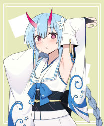 Rule 34 | 1girl, aqua hair, arm up, armpits, blue archive, blush, braid, chise (blue archive), detached sleeves, flower, hair flower, hair ornament, highres, horns, japanese clothes, long hair, manglifer, parted lips, pink eyes, sailor collar, simple background, solo, tassel, two-tone background, upper body, very long hair, white flower, white sailor collar, wide sleeves