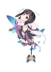 Rule 34 | 1girl, black hair, bodysuit, boots, breasts, brown eyes, bug, butterfly, cape, detached collar, detached sleeves, fate/kaleid liner prisma illya, fate (series), full body, hair ornament, highres, holding, holding staff, insect, kultur, long hair, long sleeves, looking at viewer, magical girl, magical sapphire, miyu edelfelt, purple bodysuit, purple sleeves, purple thighhighs, simple background, small breasts, solo, staff, thigh strap, thighhighs, white background, white cape, white footwear, x hair ornament
