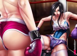 Rule 34 | 2girls, alternate costume, armpits, ass, back, bare shoulders, black hair, blouse, blue eyes, blue one-piece swimsuit, boxing, boxing gloves, boxing ring, boxing shorts, breasts, caitlyn (league of legends), cleavage, collarbone, covered navel, crop top, exhausted, facing another, from behind, highleg, highleg leotard, large breasts, league of legends, leotard, lord dominik, multiple girls, one-piece swimsuit, open mouth, see-through, shirt, short shorts, shorts, stool, sweat, sweatdrop, swimsuit, tank top, thighhighs, thighs, vi (league of legends), wet, white shirt
