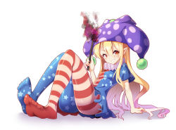 Rule 34 | 1girl, american flag dress, american flag legwear, blonde hair, clownpiece, feet, full body, hair between eyes, hat, holding, jester cap, long hair, looking at viewer, neck ruff, no shoes, pantyhose, pointy ears, polka dot, red eyes, simple background, sitting, smile, solo, star (symbol), star print, striped clothes, striped pantyhose, toes, torch, touhou, white background, z.o.b