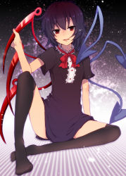 Rule 34 | 1girl, aoi (annbi), asymmetrical wings, black hair, black thighhighs, bow, bowtie, dress, female focus, highres, houjuu nue, light smile, long hair, looking at viewer, open mouth, red eyes, ribbon, short hair, sitting, solo, spread legs, thighhighs, touhou, wings, zettai ryouiki