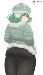 Rule 34 | 1girl, absurdres, artist name, ass, coat, curly hair, from behind, green eyes, green hair, hat, highres, lewddoodler, looking back, one-punch man, panties, panties under pantyhose, pantyhose, pantylines, short hair, solo, tatsumaki, thick thighs, thighs, underwear, white panties