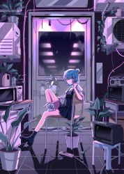 Rule 34 | 1girl, adjustable wrench, black dress, black footwear, blue hair, boots, breasts, cable, chair, closed mouth, collared shirt, corded phone, desk, double bun, dress, fishnets, full body, hair bun, highres, holding, holding phone, indoors, leg up, looking at viewer, microwave, myon (tokipi), original, phone, pinafore dress, plant, potted plant, puffy sleeves, radio, shirt, short hair, sitting, sleeveless dress, small breasts, solo, television, white shirt, wrench