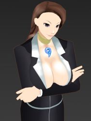 Rule 34 | 1girl, ace attorney, breasts, gradient background, huge breasts, mia fey, no bra, solo, tagme