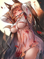Rule 34 | 1girl, akagi (azur lane), alternate costume, animal ears, arms up, azur lane, bad id, bad pixiv id, blood, blood on clothes, blush, breasts, brown hair, commentary, fox ears, fox tail, from below, full-face blush, glint, hanbok, hands in hair, highres, kitchen knife, knife in mouth, korean clothes, large breasts, long hair, long sleeves, looking at viewer, looking down, mouth hold, multiple tails, night, petals, red eyes, solo, suru (ksoo420), tail, thighs, torn clothes, underboob, very long hair, yandere